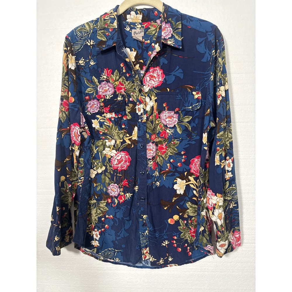 Chico's Floral Button Up Shirt Size 1 (M) Navy‎ Modal Blend Long Sleeve